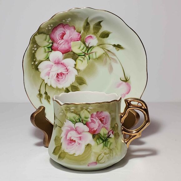 Lefton Teacup and Saucer Green Heritage Pink Roses - Picture 10 of 10